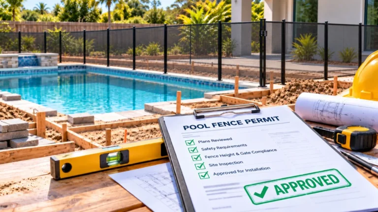 Illustration of a removable mesh pool fence around a pool under construction with sample approval paperwork