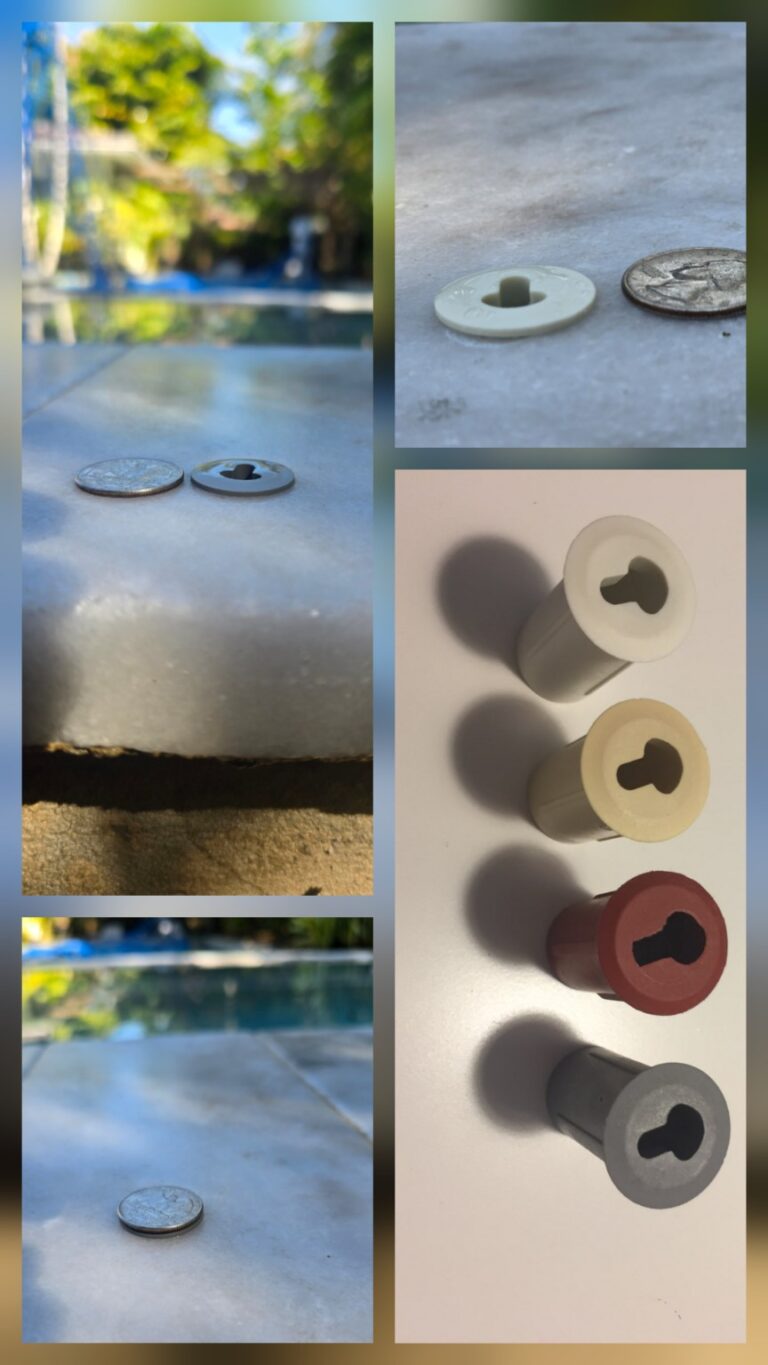 Quarter beside a pool safety net sleeve showing the small hole drilled in the pool coping