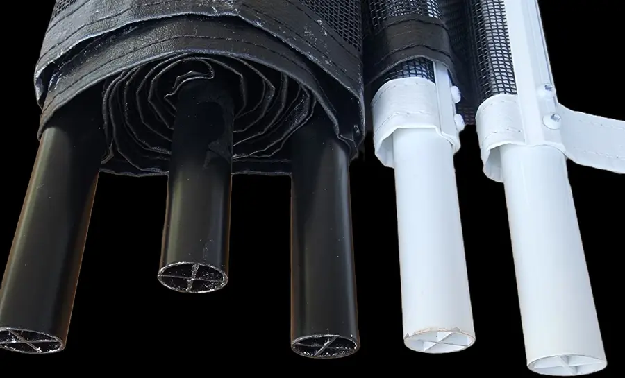 Removable pool fence mesh and reinforced posts in black and white