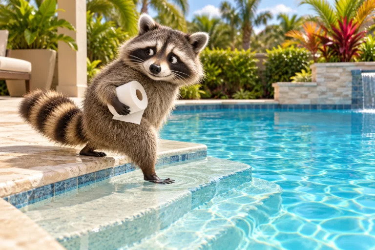 Humorous illustration of a raccoon holding toilet paper while stepping into a shallow swimming pool